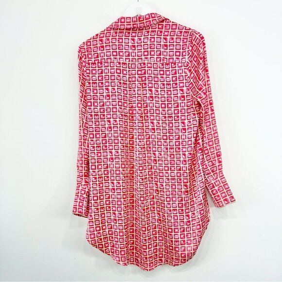 VICI Brenleigh Pink Red Geometric Print Poly Satin Button Down Tunic Mini Dress - Picture 9 of 16